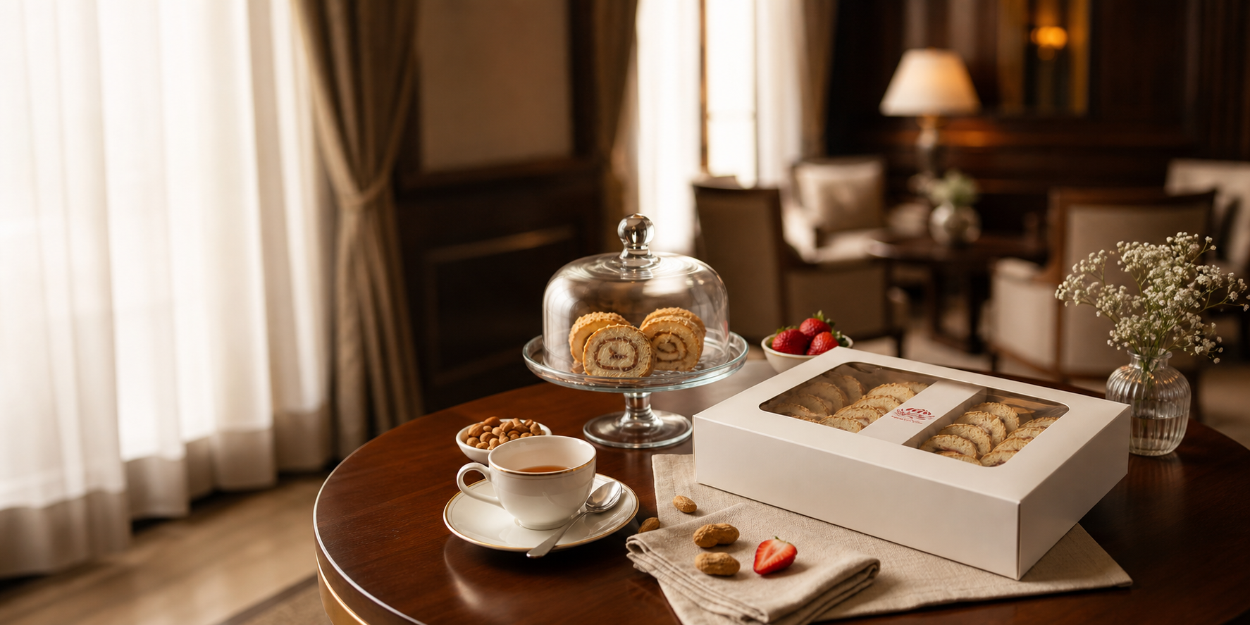Mesh Story swiss rolls served in a warm lounge setting